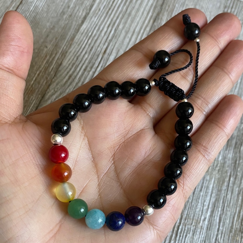 Sterling Silver Adjustable Bracelet with Onyx Stone and Chakras